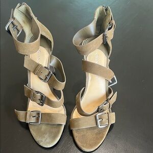 Gianni Bini Olive-Taupe Multi-Strap Buckle Heels